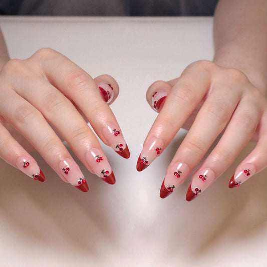 Cherry Blossom Inspired Medium Almond Red Ombre Press On Nail Set with Gorgeous Floral Embellishments