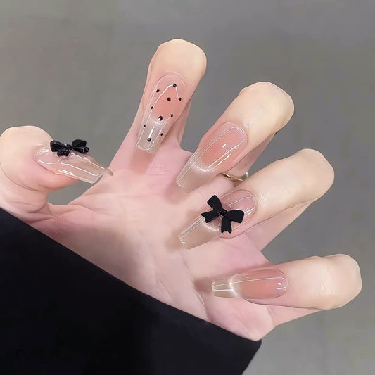 Chic Elegant Long Coffin Transparent and Pink Press On Nail Set with Black Bow Accents