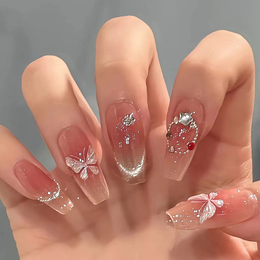 Butterfly Bliss Long Coffin Clear Press On Nail Set with Floral Embellishments and Glitter Accents