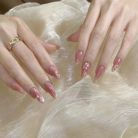 Blossom Dream Medium Almond Pink Press On Nail Set with Floral Design