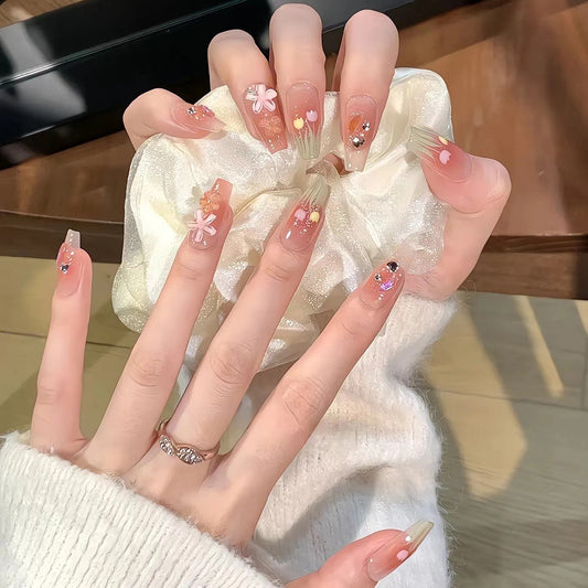 Floral Elegance Medium Coffin Ombre Pink Press On Nail Set with 3D Flower Accents