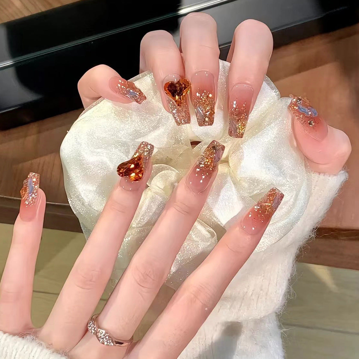 Glamorous Autumn Press On Nails Medium Coffin Ombre Glitter with Heart Accents