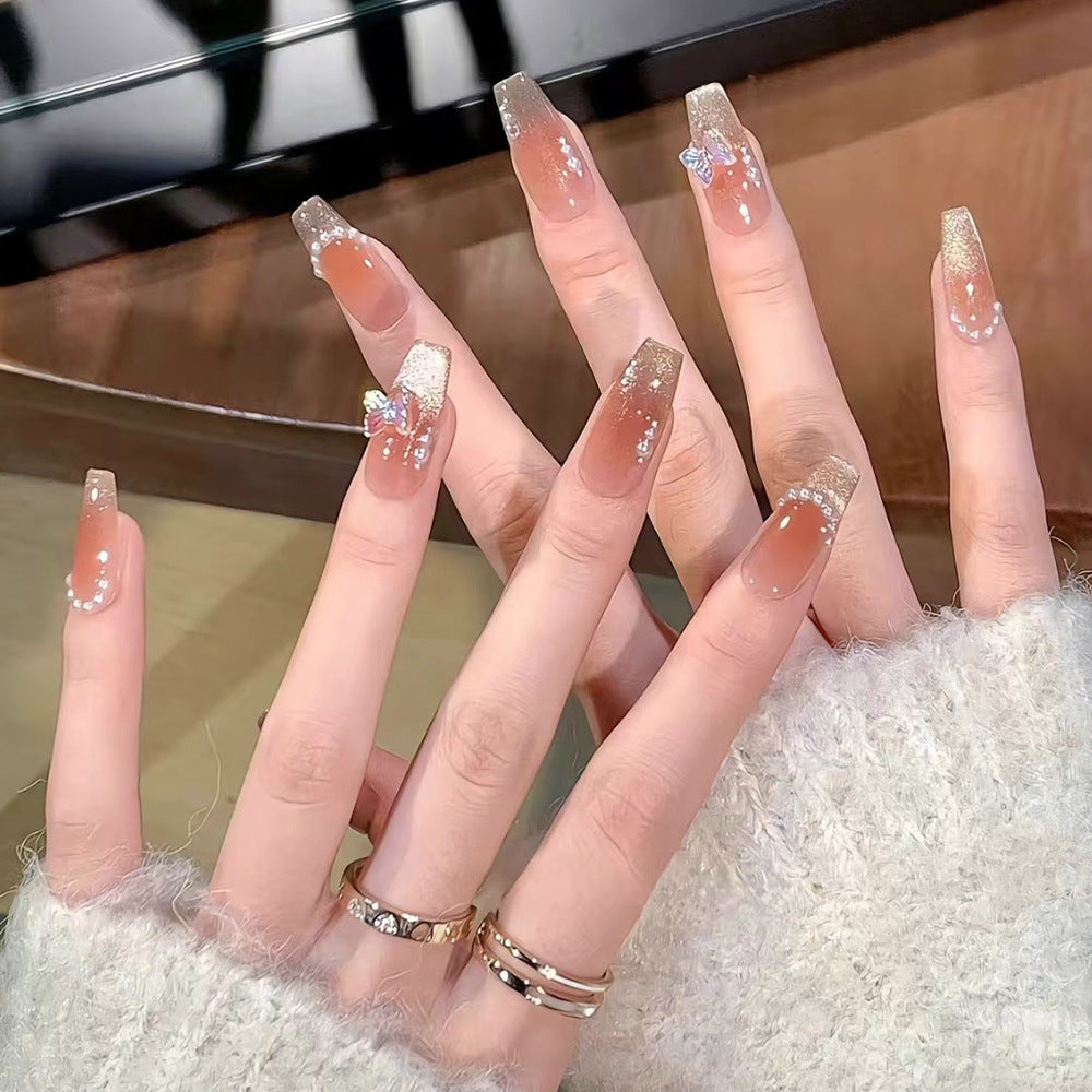 Glamorous Fairy Tale Medium Coffin Ombre Beige Press On Nail Set with Sparkling Rhinestones and Glitter Tips