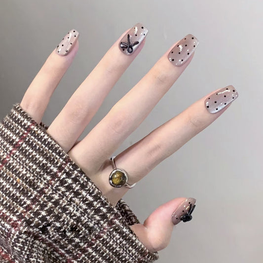 Chic Autumn Vibes Short Square Beige Press On Nail Set with Glitter and Cute Charms