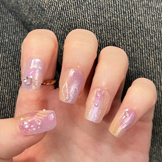 Dreamy Pastel Short Square Glitter Ombre Pink Press On Nail Set with Charming Rhinestone Accents