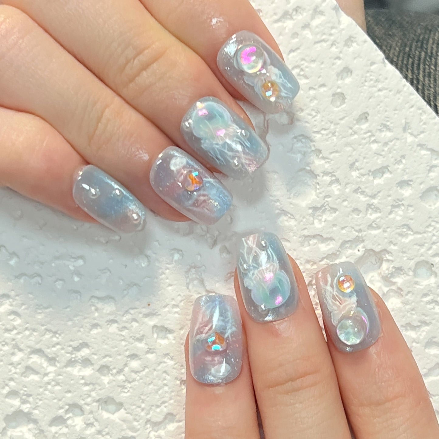 Ethereal Dreams Short Square Silver and Blue Press On Nail Set with Iridescent Gems