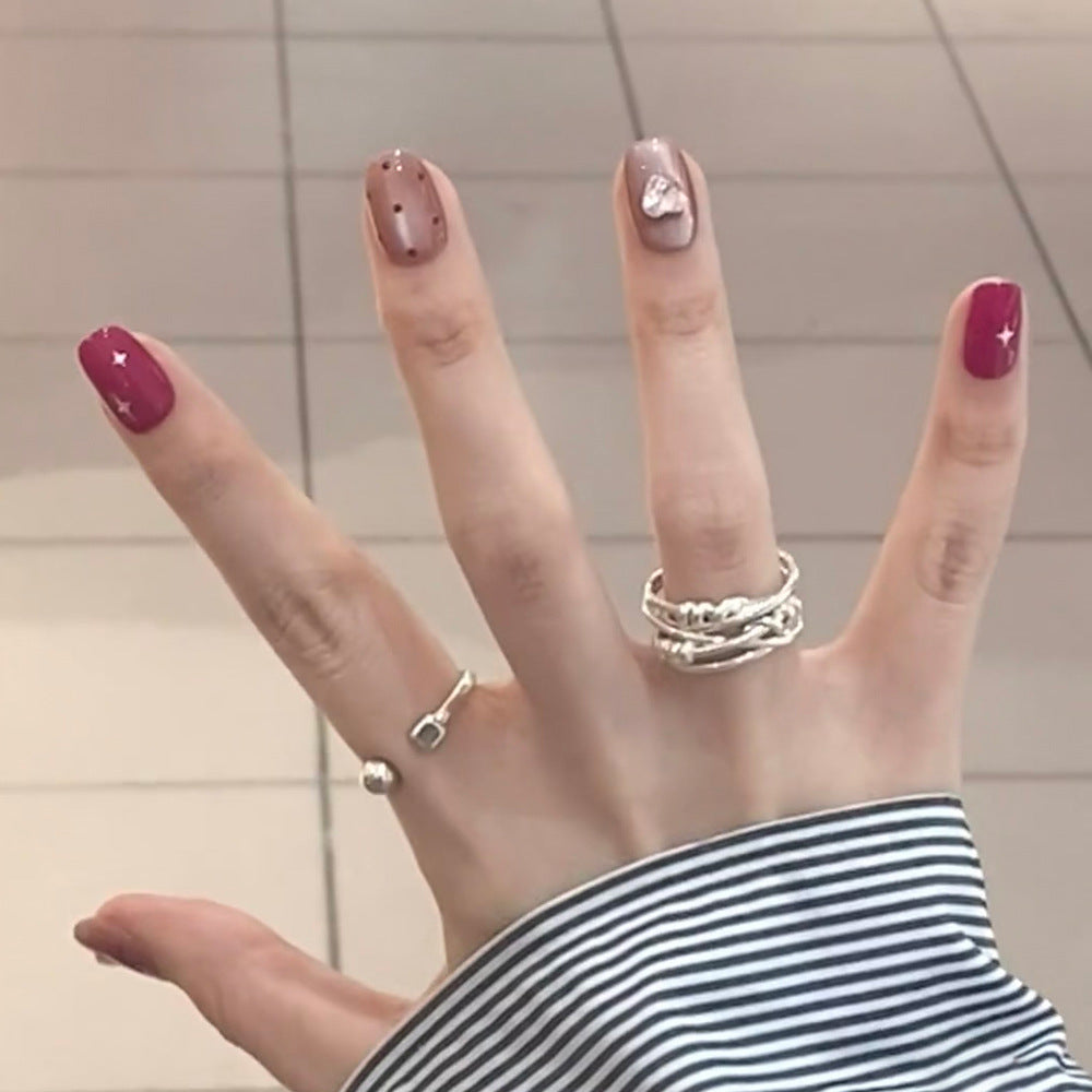 Celestial Dream Press On Nail Set Short Square Burgundy and Beige with Star and Heart Accents