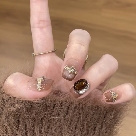 Glamorous Autumn Dream Short Square Brown Glittery Press On Nail Set with Gemstone Accents