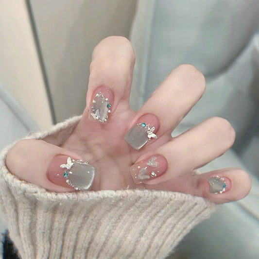 Whimsical Butterfly Dreams Short Square Grey Glitter Butterfly Press On Nail Set