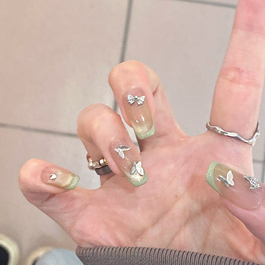 Whimsical Garden Medium Coffin Green Ombre Press On Nail Set with Silver Butterfly Accents