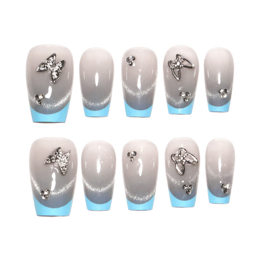 Whimsical Butterfly Fantasy Press On Nail Set Medium Square Gradient Gray with Shimmer and Stunning Metallic Accents