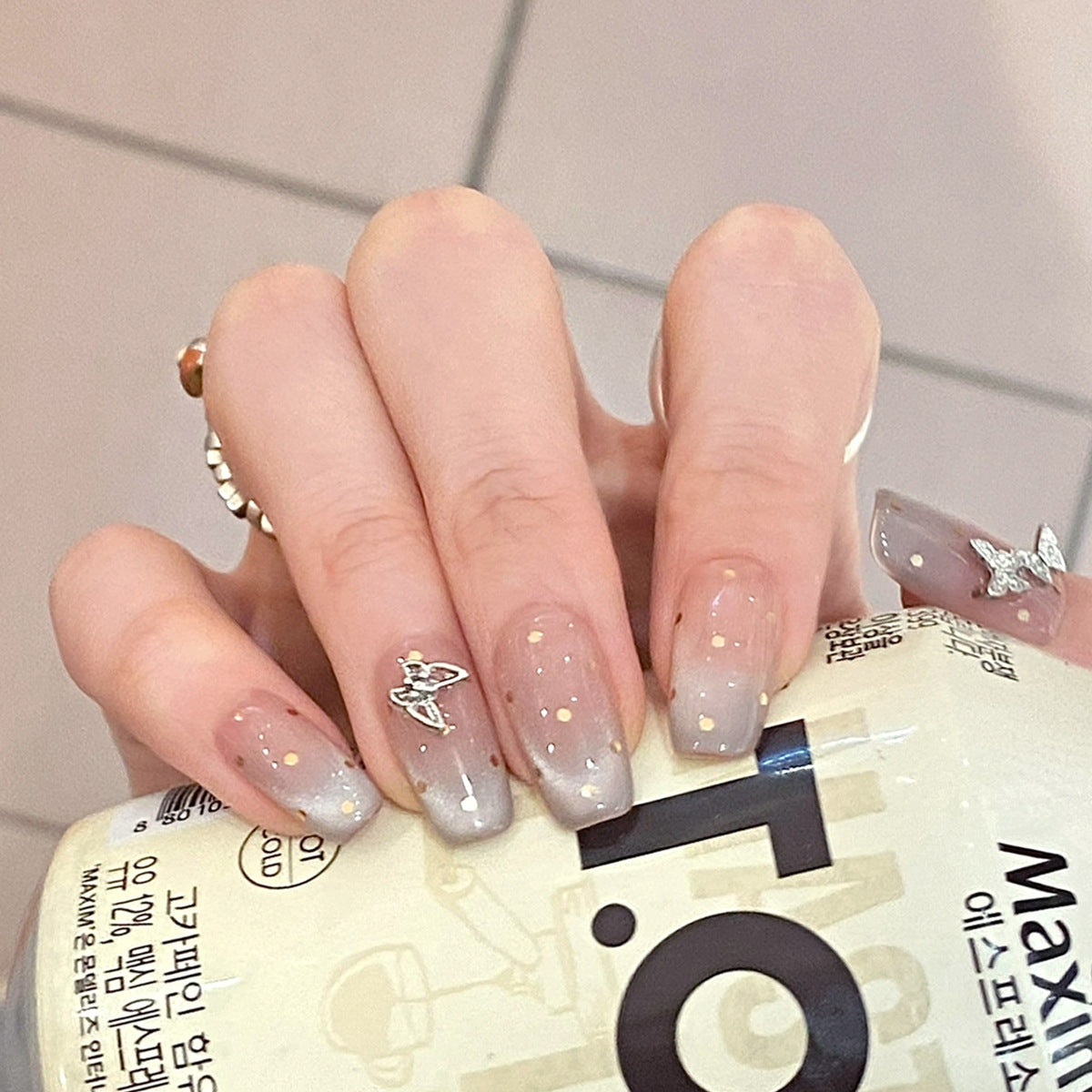 Butterfly Dreams Medium Square Gradient Beige and Gray Press On Nail Set with Glitter and Charm Accents