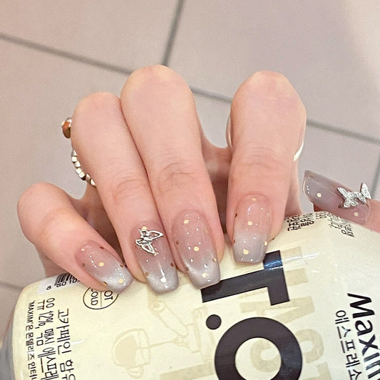 Butterfly Dreams Medium Square Gradient Beige and Gray Press On Nail Set with Glitter and Charm Accents