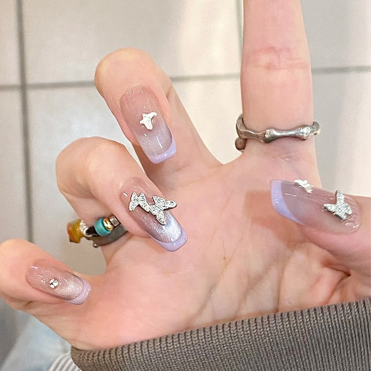 Dreamy Ocean Vibes Medium Coffin Lavender Ombre Press On Nails with Silver Fish Charms
