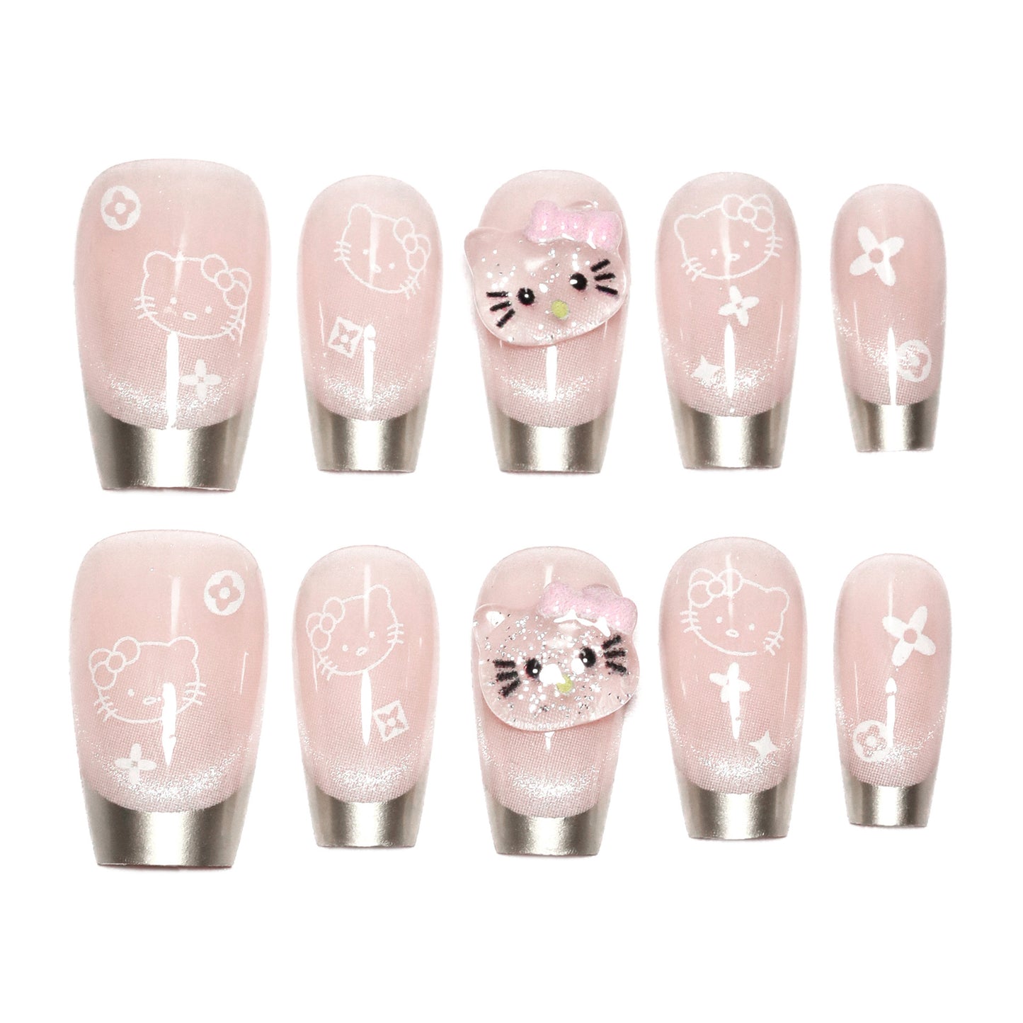 Adorable Kitty Dreams Medium Square Press On Nail Set In Pink With Sparkling Character Design