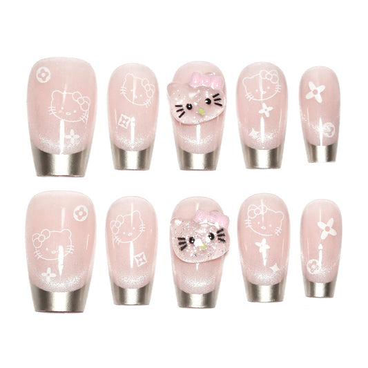 Adorable Kitty Dreams Medium Square Press On Nail Set In Pink With Sparkling Character Design