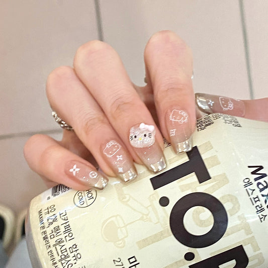 Cute Kawaii Dream Medium Square Clear Nails With Glitter Tips And Adorable Hello Kitty Design