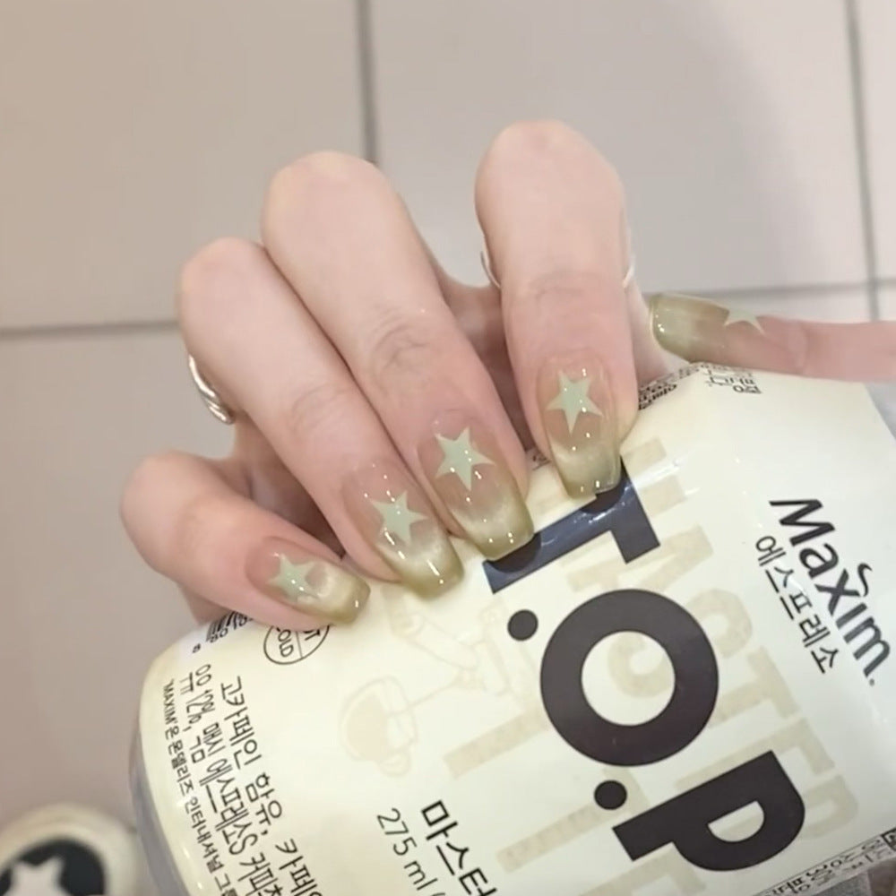 Celestial Dreams Medium Coffin Green Ombre Press On Nail Set with Star Accents