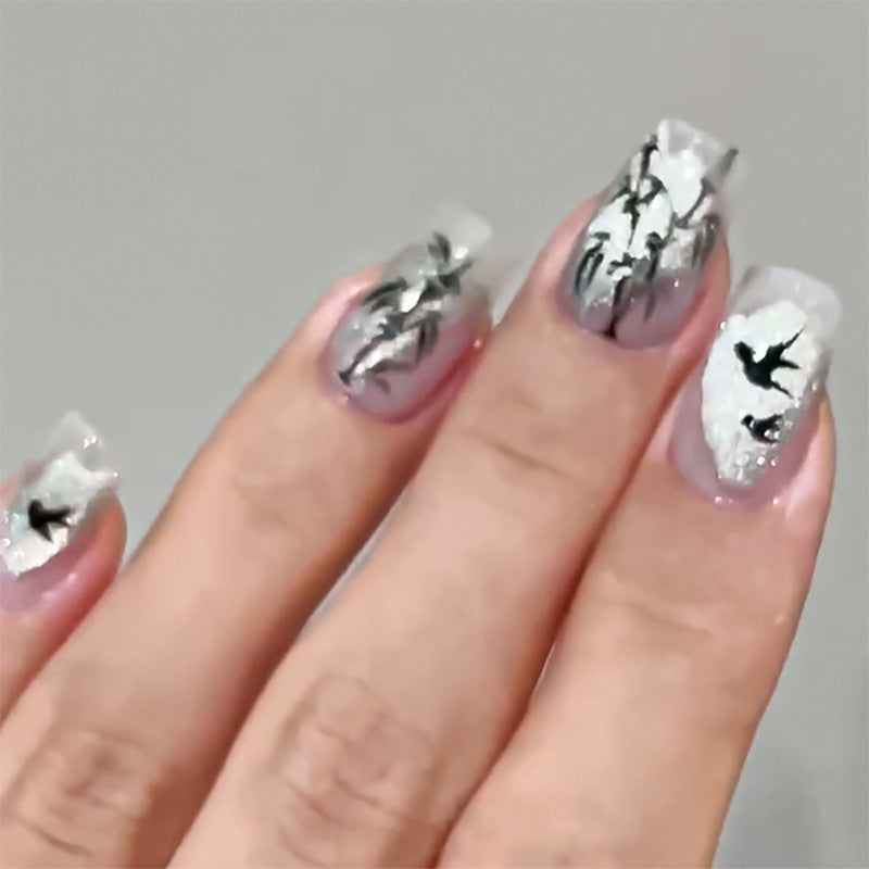 Elegant Enchantment Medium Square Clear with Black Bird Design Press-On Nail Set