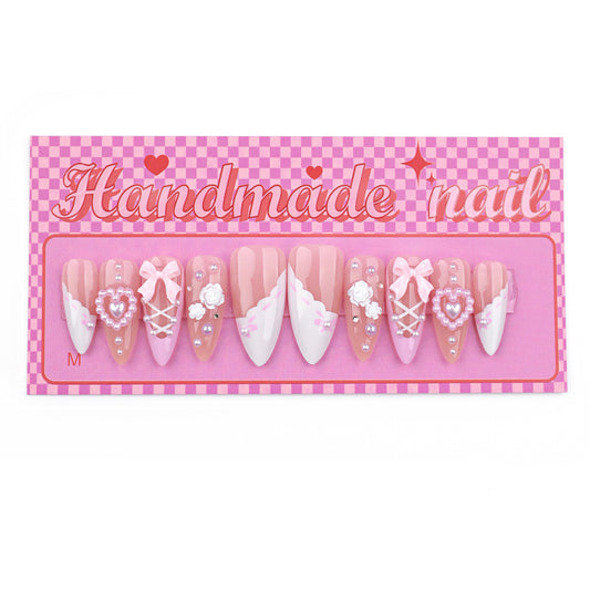 Sweet Romance Pink Medium Almond Shaped Glossy Nails with Charming Embellishments