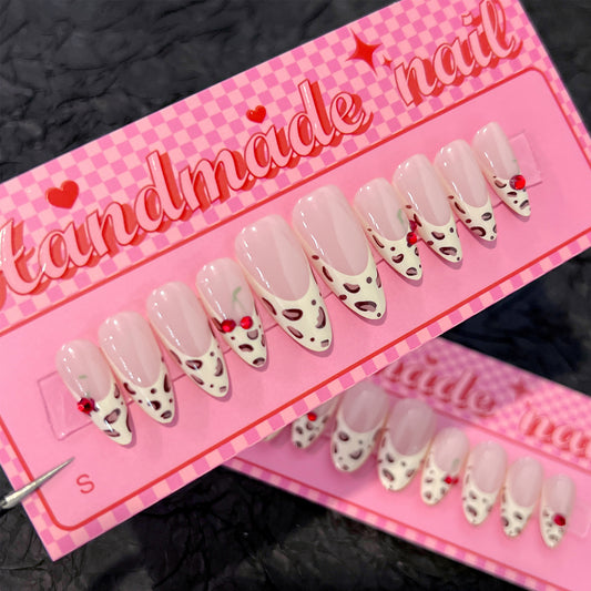 Cherry Blossom Glamour Long Almond Pink and White Nails with Cute Fruit Accents