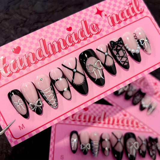 Kiss of Elegance Long Almond Pink and Black Press On Nails with Luscious Lacy Accents