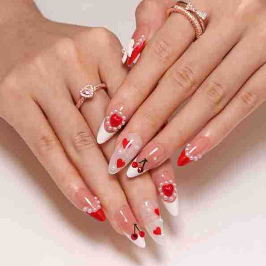 Charming Love Story Medium Almond Red and White Press on Nail Set with Heart and Cherry Designs