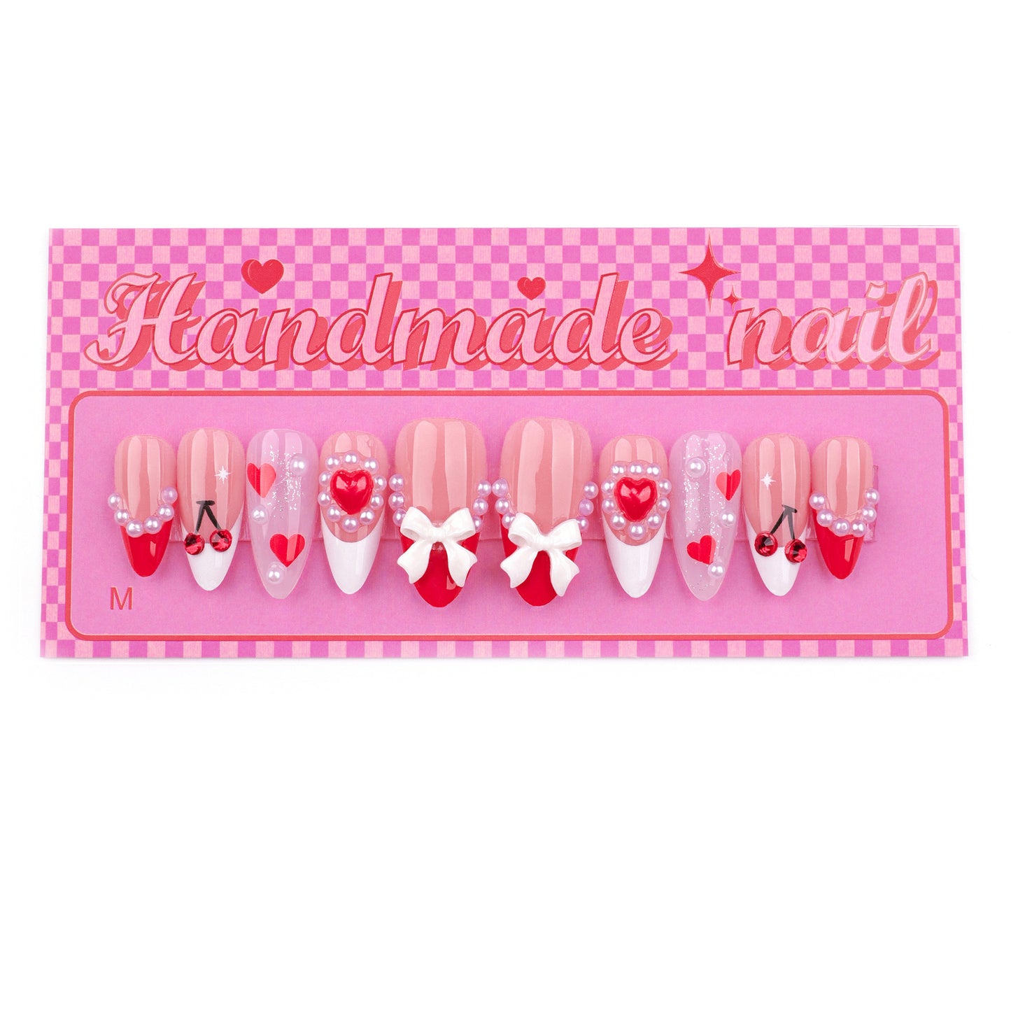 Charming Romance Medium Almond Pink and Red Nail Set with Heart and Bow Designs