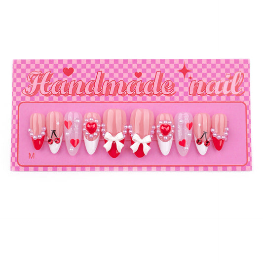 Charming Romance Medium Almond Pink and Red Nail Set with Heart and Bow Designs
