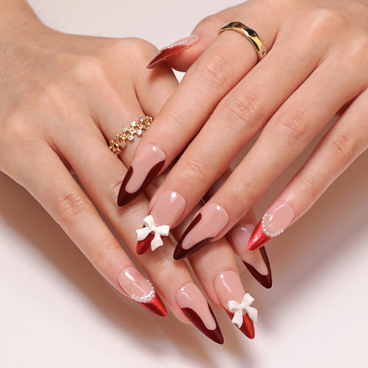 Chic Elegance Long Almond Shaped Red and Beige Press On Nail Set with Bow and Pearl Accents