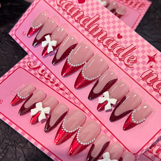 Sweet Dreamy Medium Almond Shaped Pink and Red Glitter Press-On Nails with Charming Ribbon Accents
