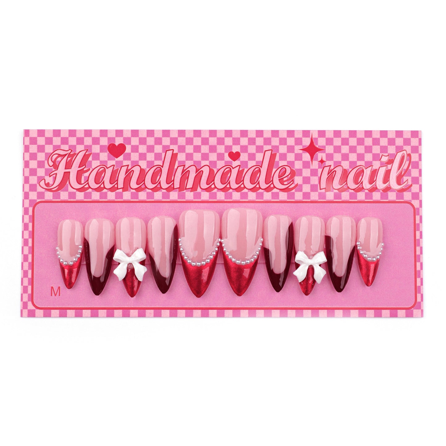 Charming Romance Long Almond Gradient Red and Pink Press-On Nail Set with Adorable Bow and Pearls