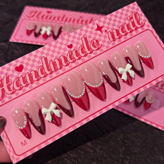 Sweet Romance Long Almond Shaped Blush Pink and Dark Red Handmade Press-On Nails with Charming Bow Accent