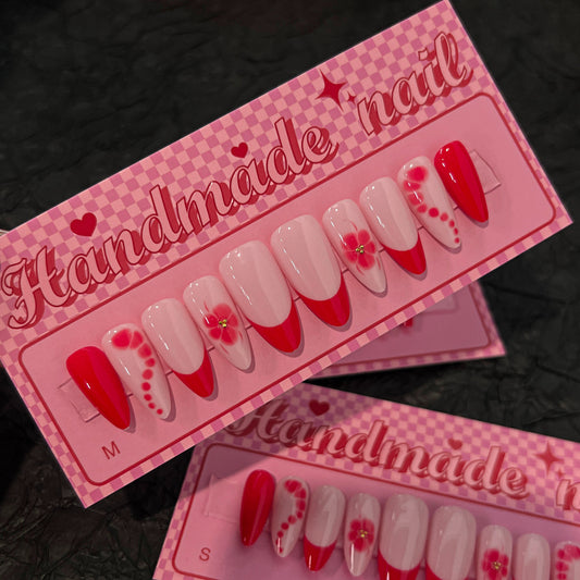 Charming Floral Delight Long Almond Pink and Red Press-On Nails with Handcrafted Flower Accents