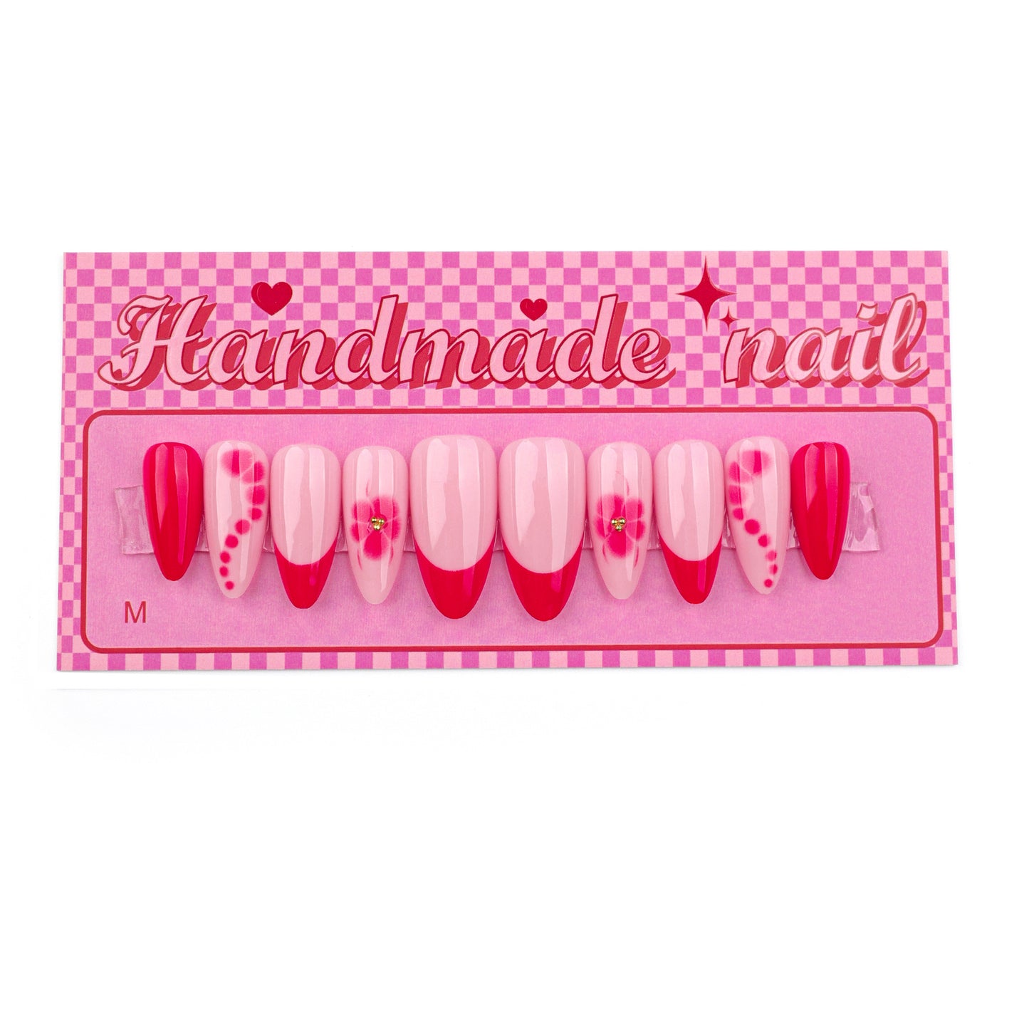 Charming Blossom Fantasy Medium Almond Pink and Red Gradient with Floral Accent Press On Nail Set