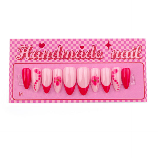 Charming Blossom Fantasy Medium Almond Pink and Red Gradient with Floral Accent Press On Nail Set