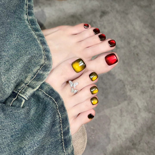 Glistening Jewel Inspired Press On Nail Set Short Square Gradient Red and Gold with Glitter Finish