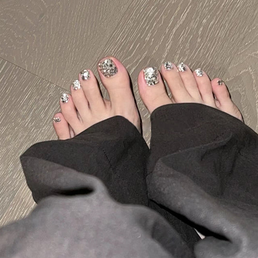 Glamorous Silver Shine Short Square Press On Nail Set with Glittering Sequins for Stunning Pedicures