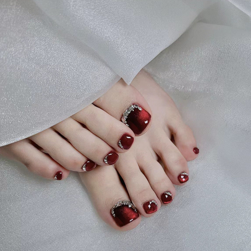 Glamorous Ruby Press On Nail Set Short Square Shape Sparkling Silver Accent