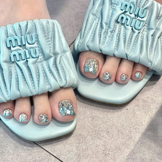 Glacier Glow Short Square Blue Press On Nail Set with Iridescent Glitter Finish