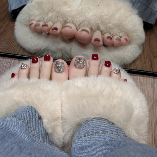 Glamorous Winter Wonderland Short Square Burgundy and Sparkling Gem Press On Nail Set