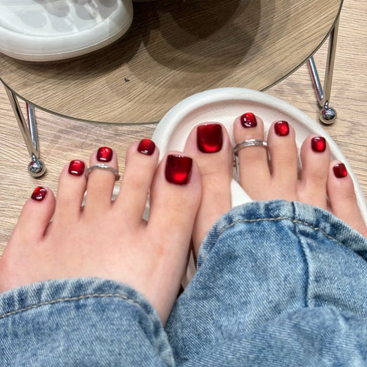 Elegant Charm Short Square Deep Red Glossy Press On Toenail Set