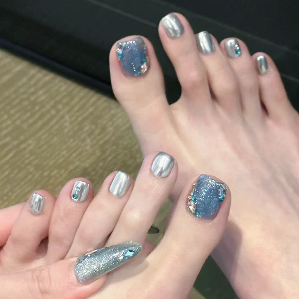 Cosmic Shimmer Short Square Silver Press On Nail Set with Holographic Glitter and Iridescent Accents