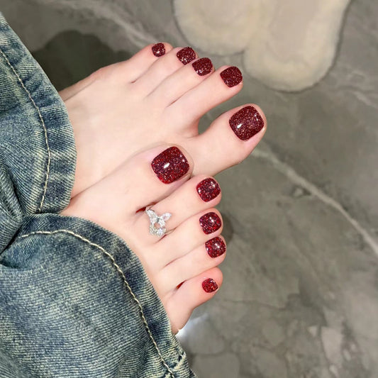 Glamorous Twilight Square Short Glittering Burgundy Press On Nail Set for Stunning Sparkle and Effortless Application