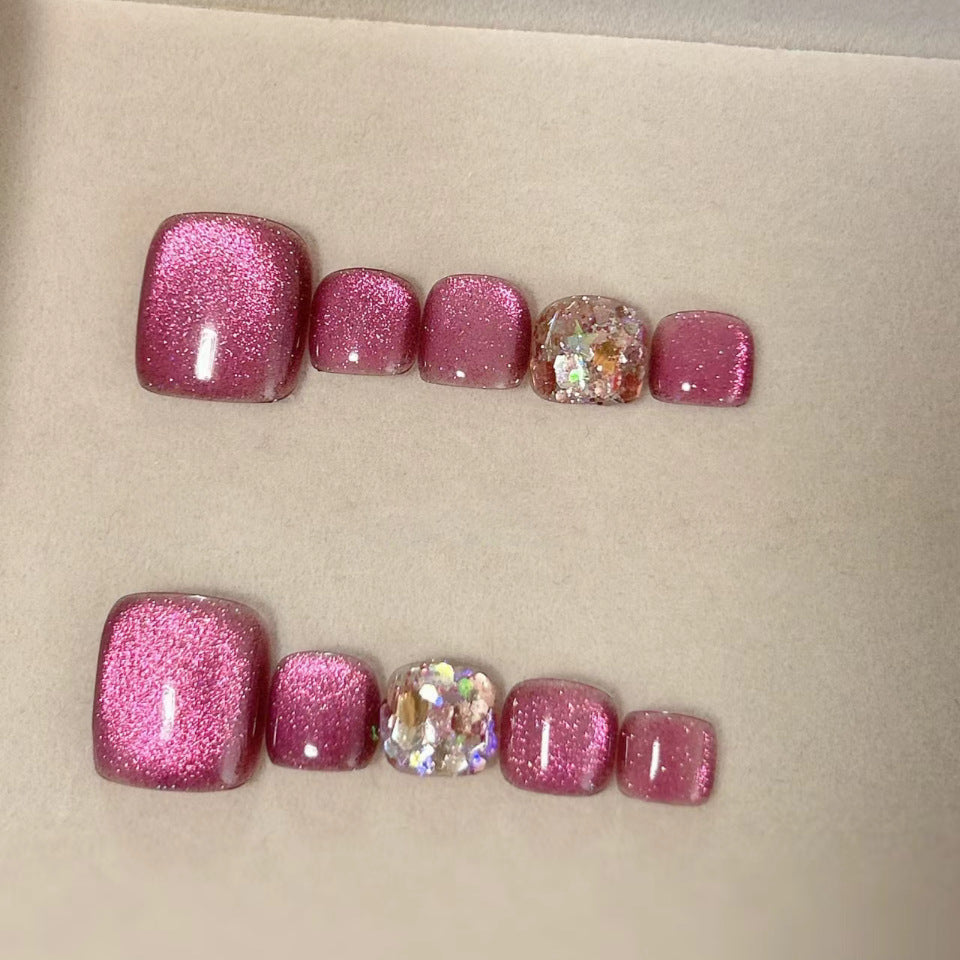 Glamorous Twilight Shimmer Short Square Pink Press On Nail Set with Glittery Gem Accents