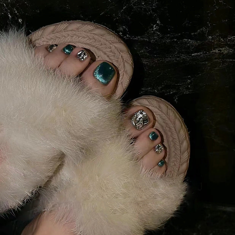 Ocean Breeze Short Square Emerald Green Press On Nail Set with Glitter Accents