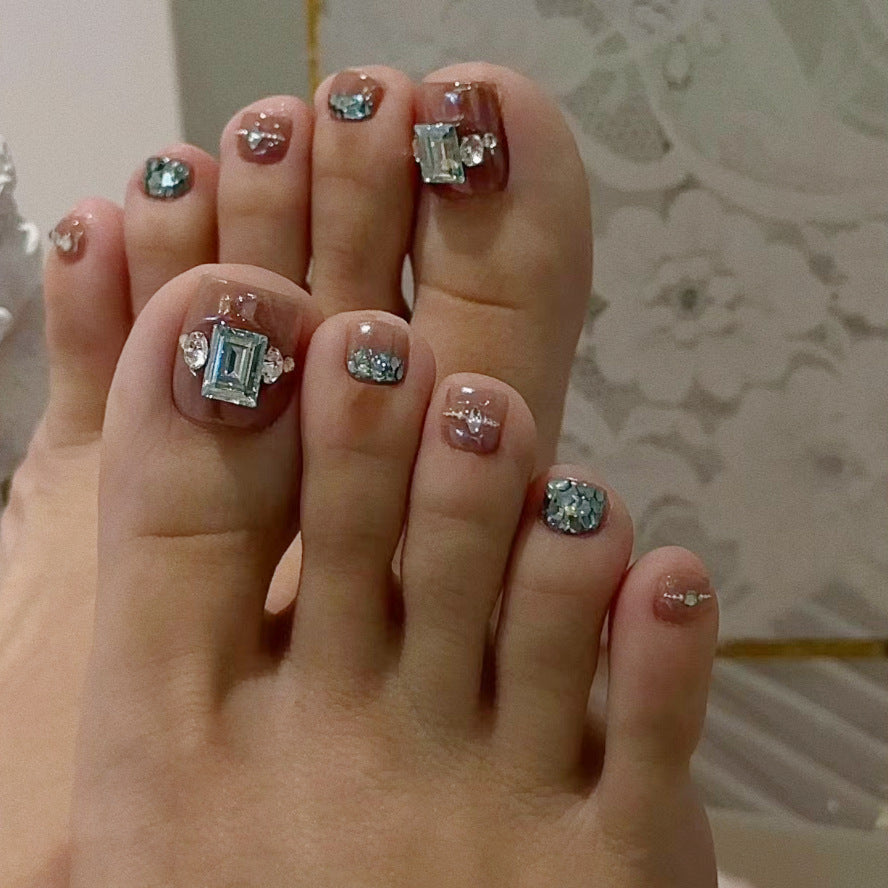 Glamorous Ocean Breeze Short Square Blue Press On Nail Set with Stunning Gem Accents