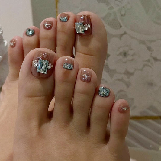 Glamorous Ocean Breeze Short Square Blue Press On Nail Set with Stunning Gem Accents