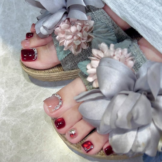 Garden Glamour Elegant Short Square Burgundy and Blush Press on Toenail Set with Chic Glitter Accents