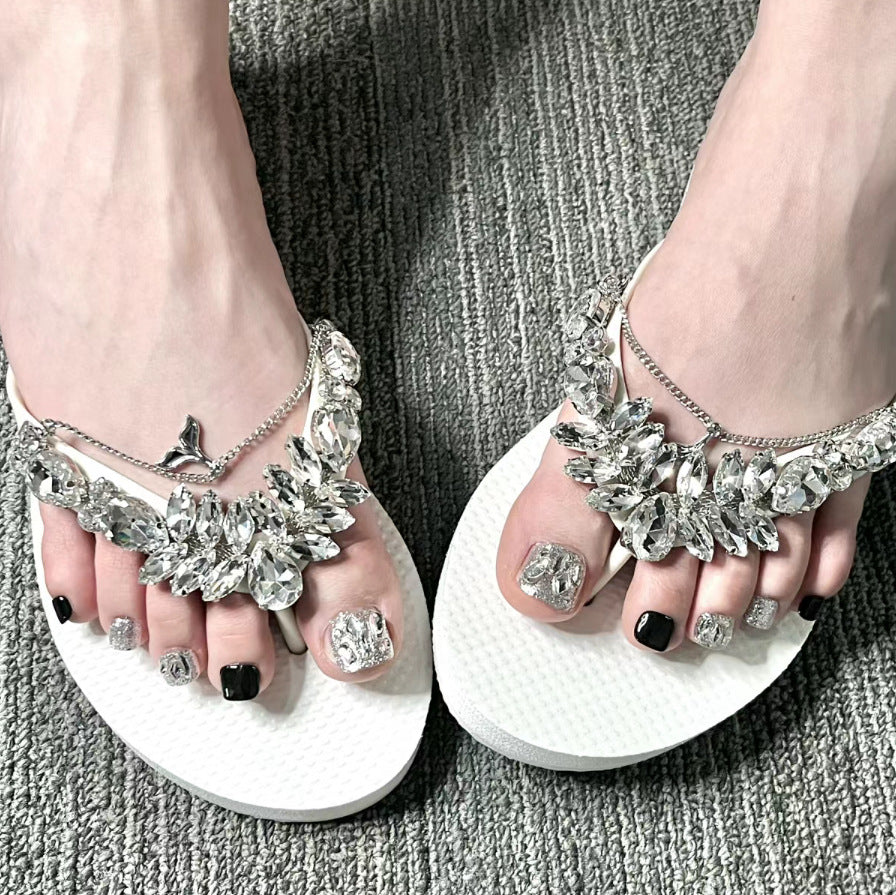 Glamorous Resort Inspired Short Square Silver and Black Press On Toenail Set with Stunning Rhinestone Accents